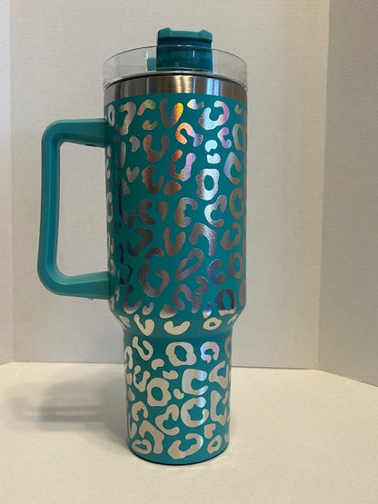 Teal & Silver Leopard-Pattern 40 oz Tumbler (It's Shiny & Free Shipping!)